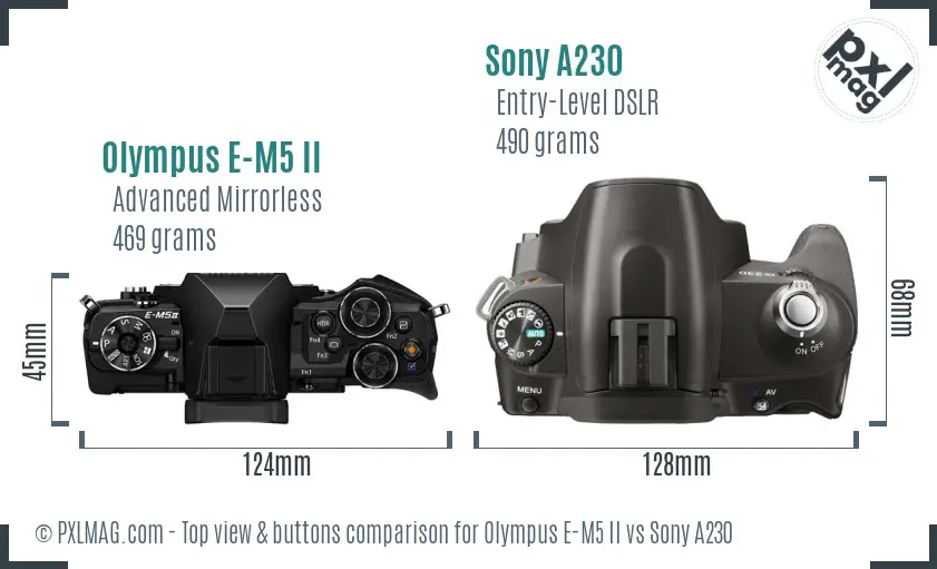 Olympus E-M5 II vs Sony A230 top view buttons comparison