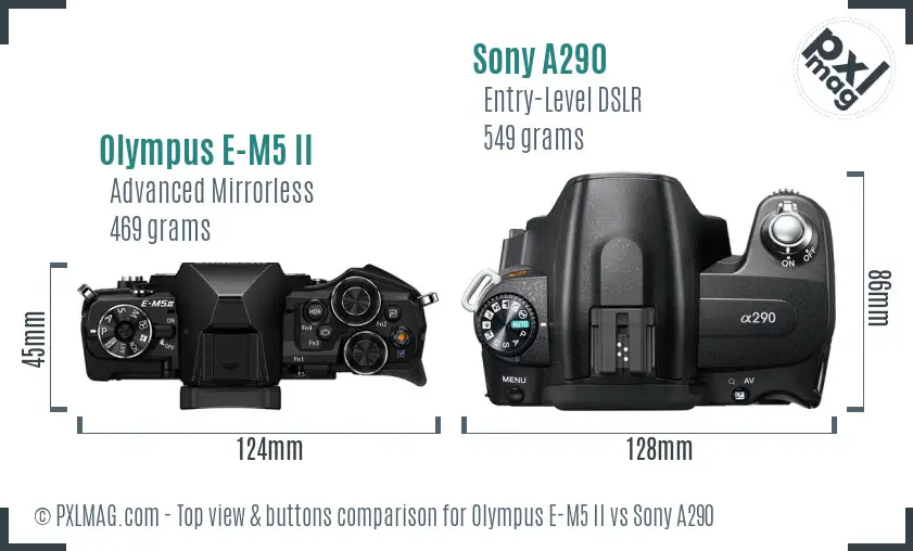 Olympus E-M5 II vs Sony A290 top view buttons comparison