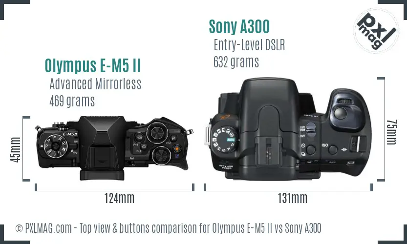 Olympus E-M5 II vs Sony A300 top view buttons comparison