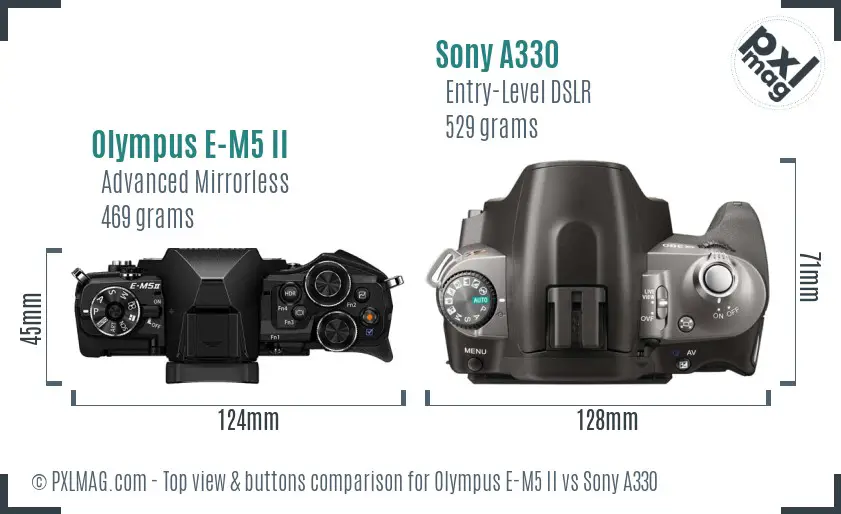 Olympus E-M5 II vs Sony A330 top view buttons comparison