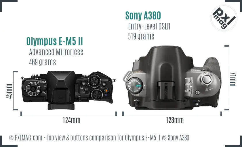 Olympus E-M5 II vs Sony A380 top view buttons comparison