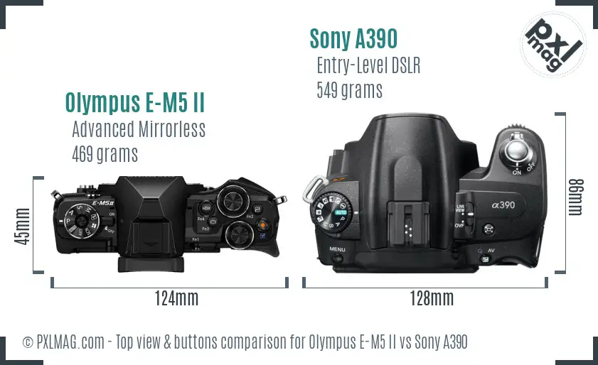 Olympus E-M5 II vs Sony A390 top view buttons comparison