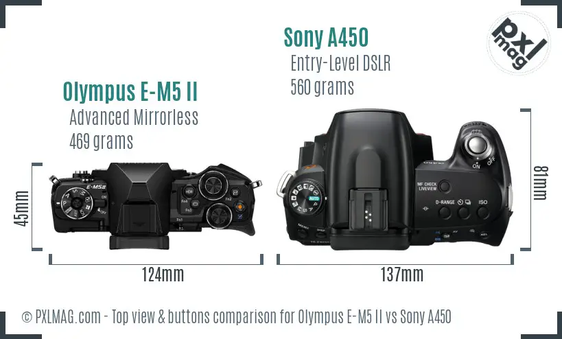 Olympus E-M5 II vs Sony A450 top view buttons comparison
