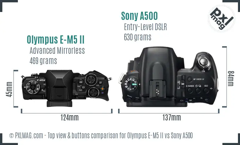 Olympus E-M5 II vs Sony A500 top view buttons comparison