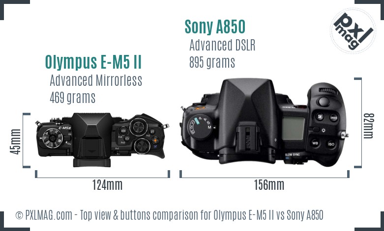 Olympus E-M5 II vs Sony A850 top view buttons comparison