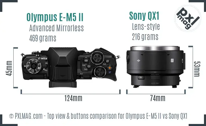 Olympus E-M5 II vs Sony QX1 top view buttons comparison