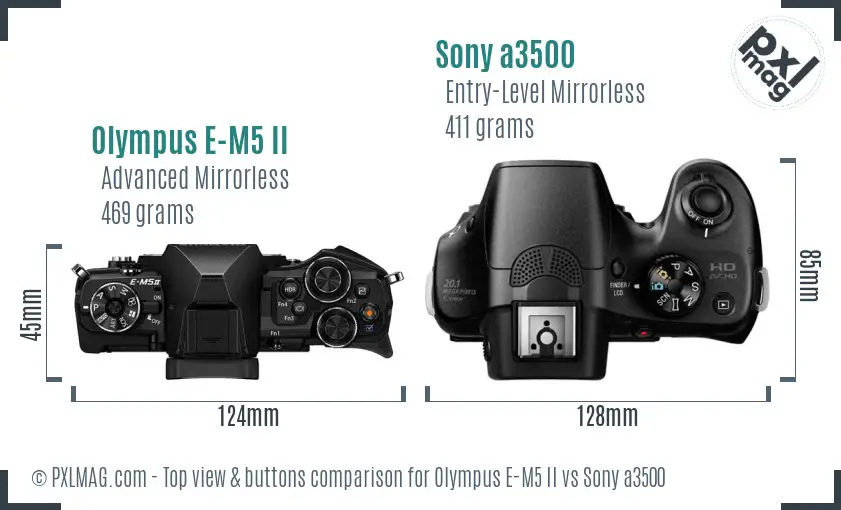 Olympus E-M5 II vs Sony a3500 top view buttons comparison
