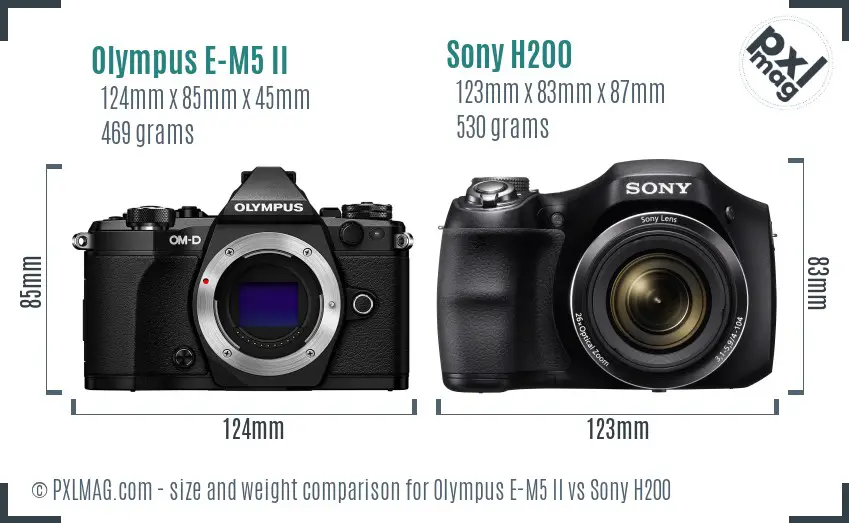 Olympus E-M5 II vs Sony H200 size comparison