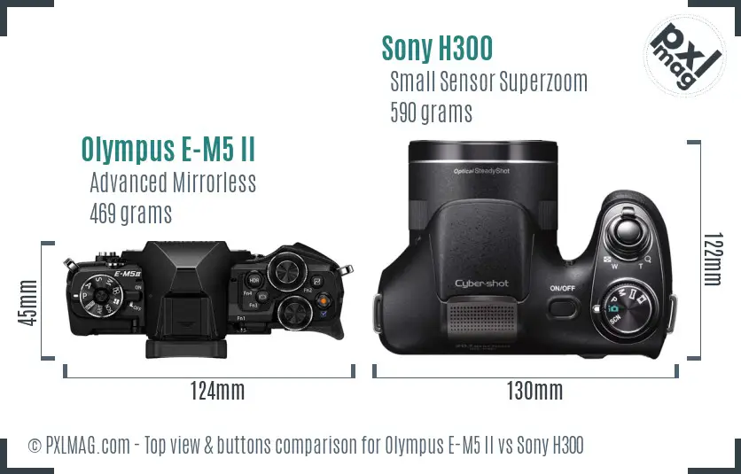 Olympus E-M5 II vs Sony H300 top view buttons comparison