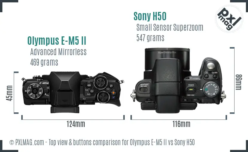 Olympus E-M5 II vs Sony H50 top view buttons comparison