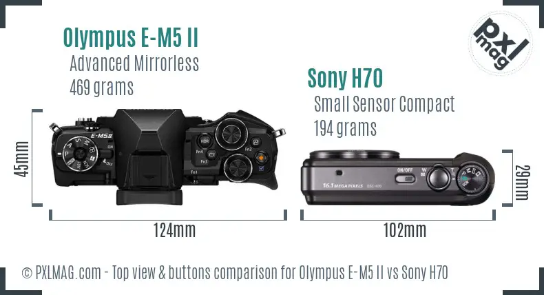 Olympus E-M5 II vs Sony H70 top view buttons comparison