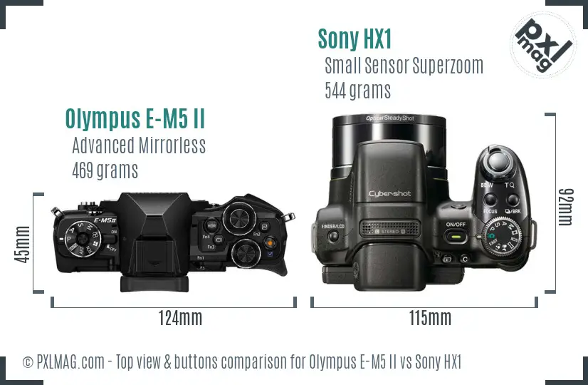 Olympus E-M5 II vs Sony HX1 top view buttons comparison