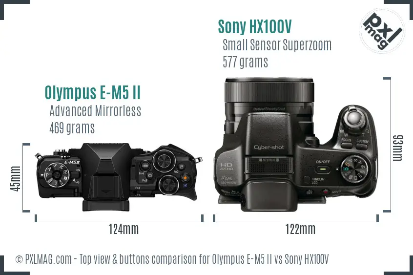 Olympus E-M5 II vs Sony HX100V top view buttons comparison