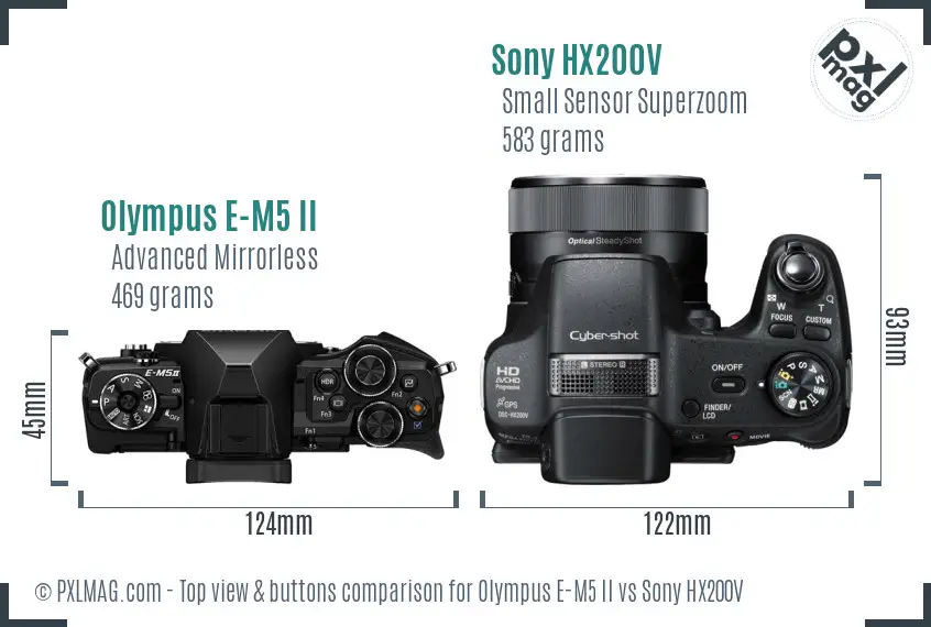 Olympus E-M5 II vs Sony HX200V top view buttons comparison