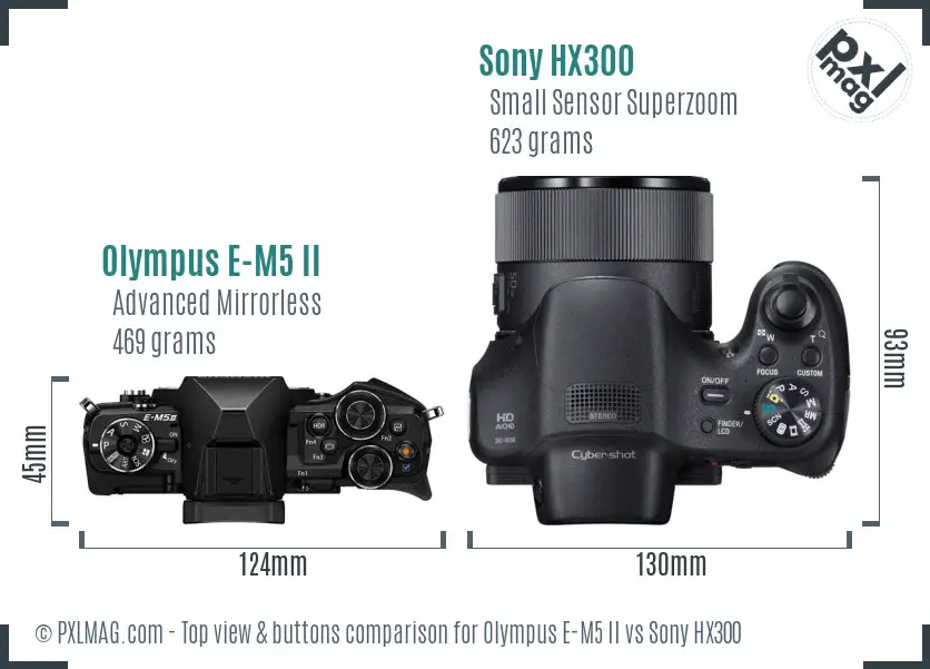 Olympus E-M5 II vs Sony HX300 top view buttons comparison