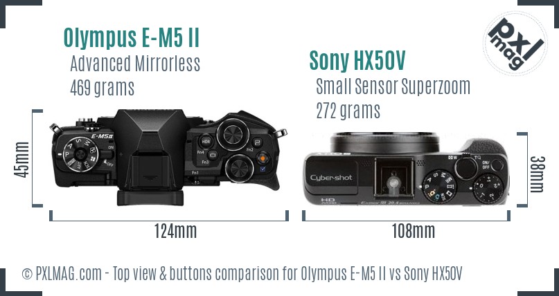 Olympus E-M5 II vs Sony HX50V top view buttons comparison