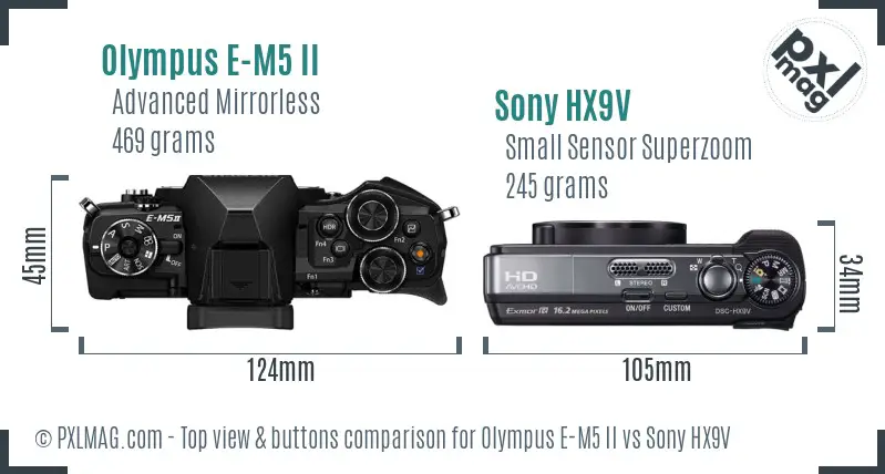 Olympus E-M5 II vs Sony HX9V top view buttons comparison