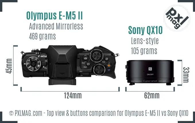 Olympus E-M5 II vs Sony QX10 top view buttons comparison