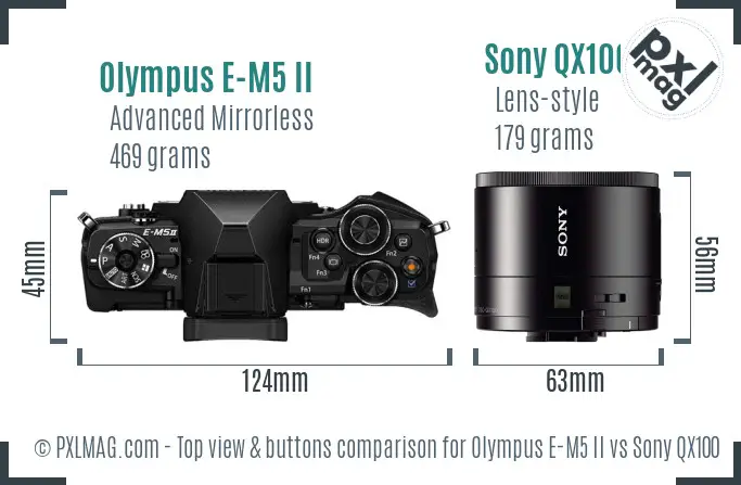 Olympus E-M5 II vs Sony QX100 top view buttons comparison