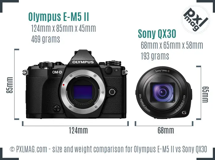 Olympus E-M5 II vs Sony QX30 size comparison