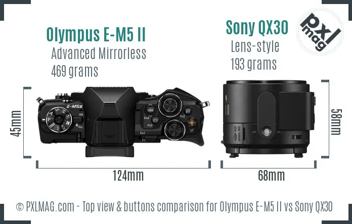 Olympus E-M5 II vs Sony QX30 top view buttons comparison