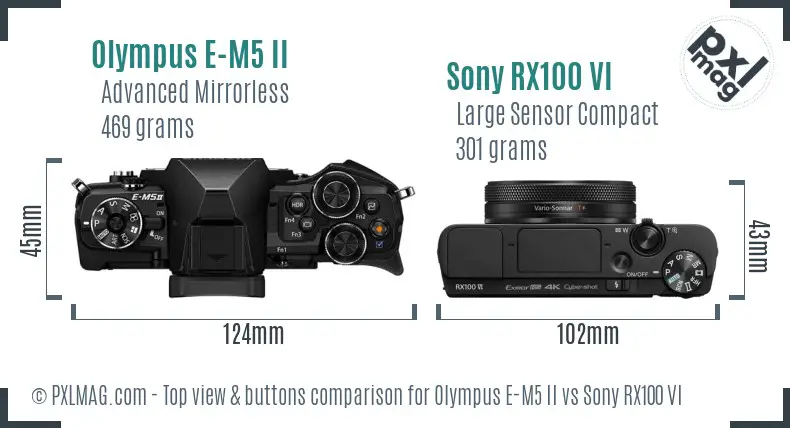Olympus E-M5 II vs Sony RX100 VI top view buttons comparison Olympus E-M5 II vs Sony RX100 VI top view buttons comparison