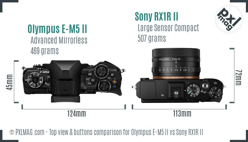 Olympus E-M5 II vs Sony RX1R II top view buttons comparison