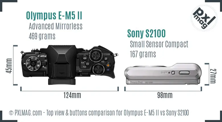 Olympus E-M5 II vs Sony S2100 top view buttons comparison