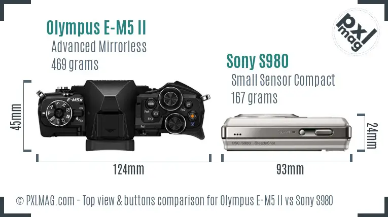 Olympus E-M5 II vs Sony S980 top view buttons comparison Olympus E-M5 II vs Sony S980 top view buttons comparison