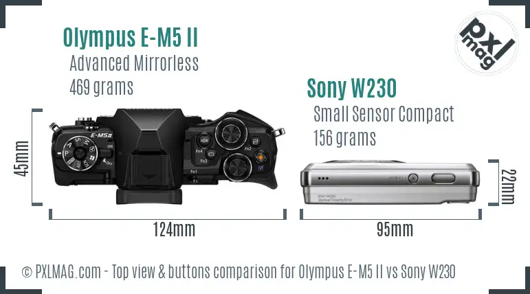 Olympus E-M5 II vs Sony W230 top view buttons comparison