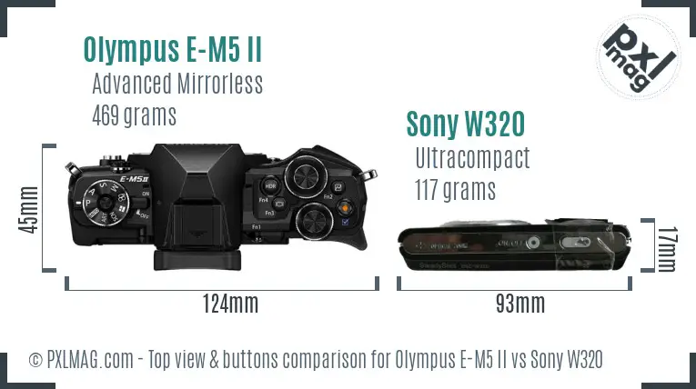 Olympus E-M5 II vs Sony W320 top view buttons comparison