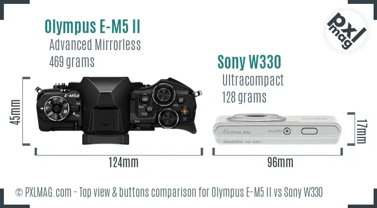 Olympus E-M5 II vs Sony W330 top view buttons comparison Olympus E-M5 II vs Sony W330 top view buttons comparison