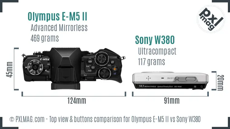 Olympus E-M5 II vs Sony W380 top view buttons comparison