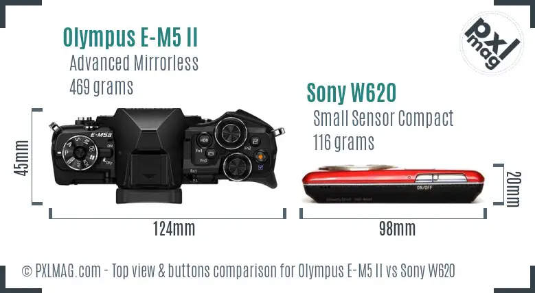 Olympus E-M5 II vs Sony W620 top view buttons comparison