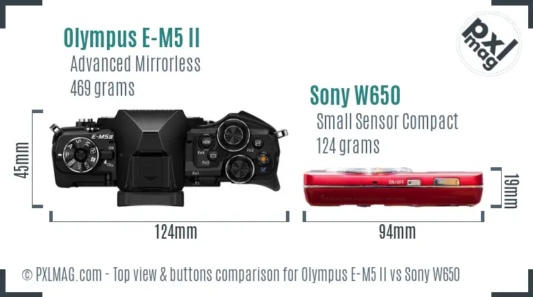 Olympus E-M5 II vs Sony W650 top view buttons comparison