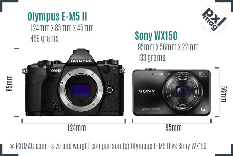 Olympus E-M5 II vs Sony WX150 size comparison