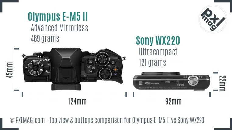 Olympus E-M5 II vs Sony WX220 top view buttons comparison