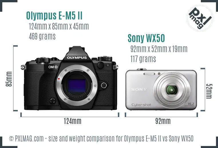 Olympus E-M5 II vs Sony WX50 size comparison