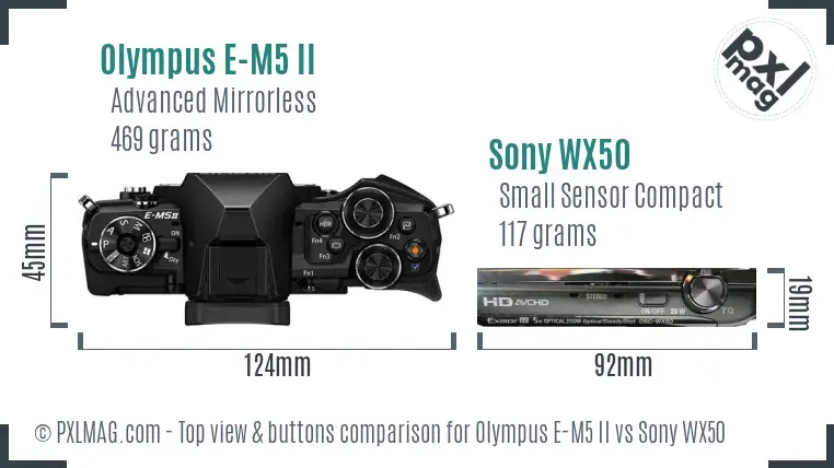 Olympus E-M5 II vs Sony WX50 top view buttons comparison
