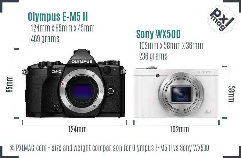 Olympus E-M5 II vs Sony WX500 size comparison