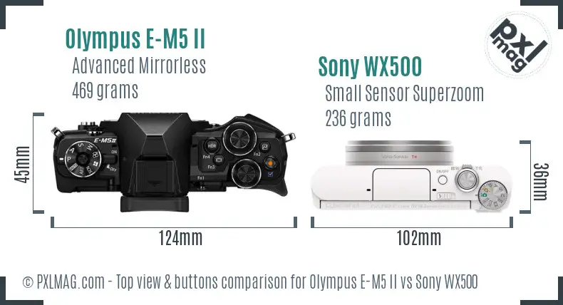 Olympus E-M5 II vs Sony WX500 top view buttons comparison