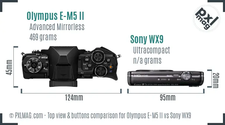 Olympus E-M5 II vs Sony WX9 top view buttons comparison Olympus E-M5 II vs Sony WX9 top view buttons comparison