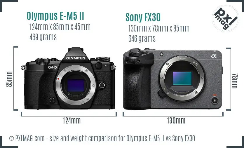 Olympus E-M5 II vs Sony FX30 size comparison