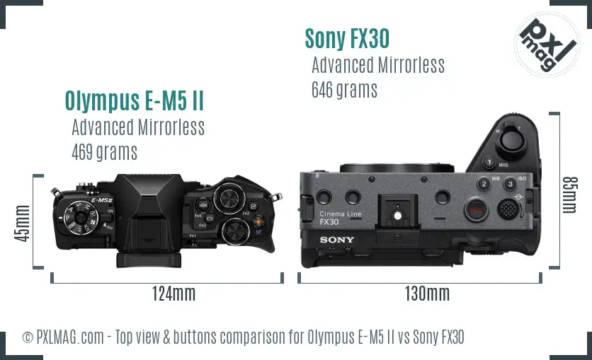 Olympus E-M5 II vs Sony FX30 top view buttons comparison