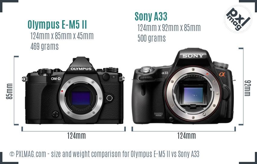 Olympus E-M5 II vs Sony A33 size comparison