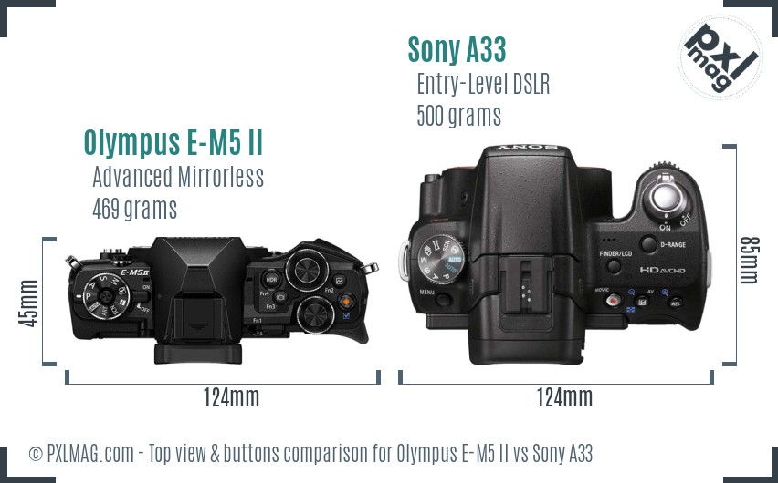 Olympus E-M5 II vs Sony A33 top view buttons comparison