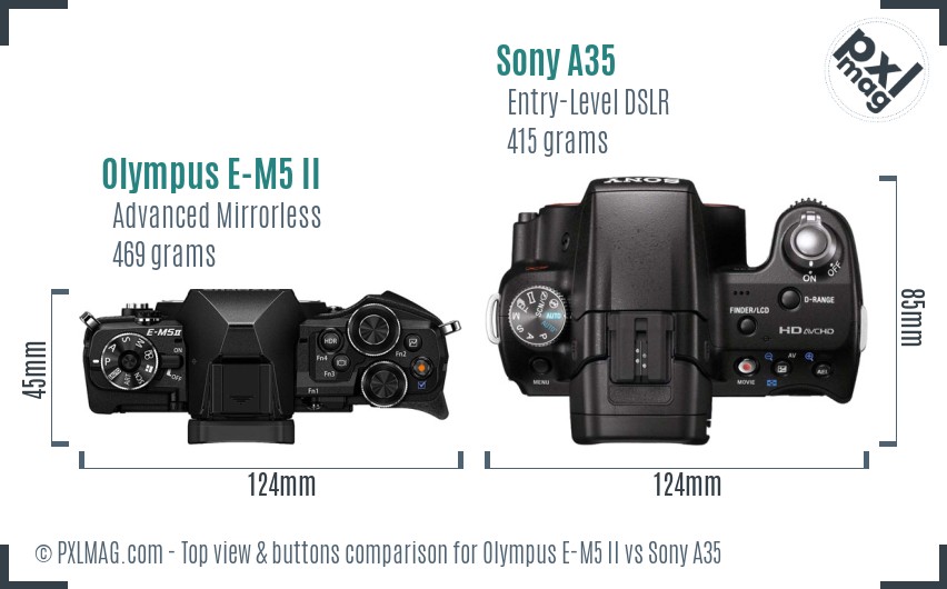 Olympus E-M5 II vs Sony A35 top view buttons comparison