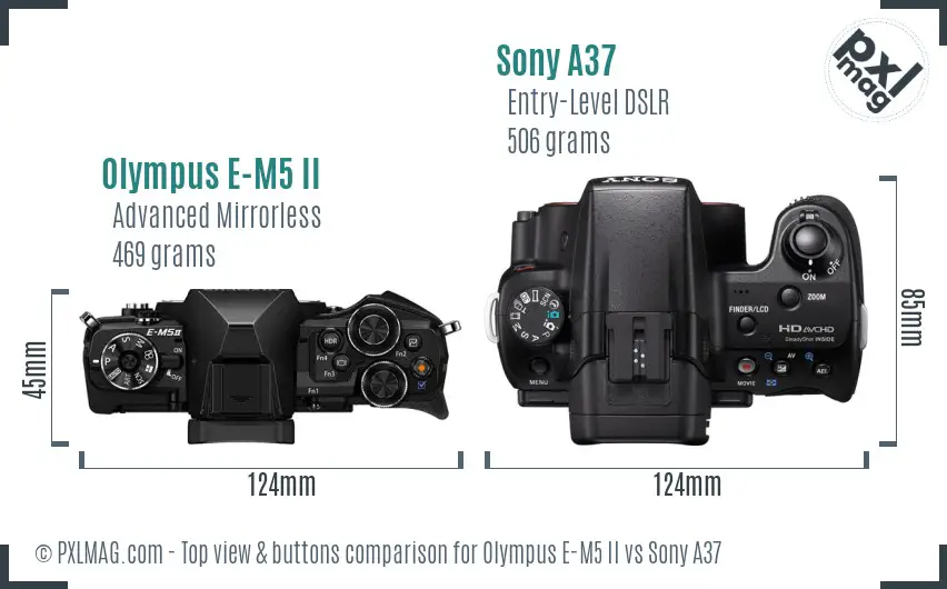 Olympus E-M5 II vs Sony A37 top view buttons comparison