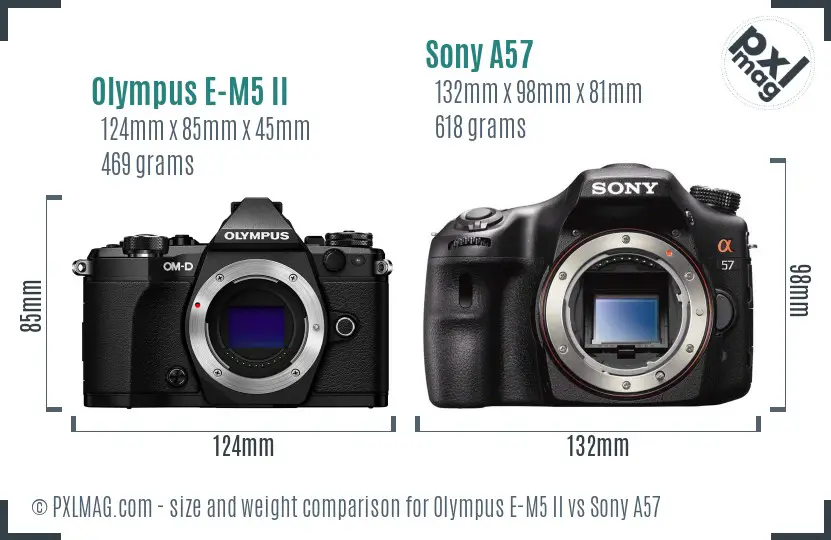 Olympus E-M5 II vs Sony A57 size comparison