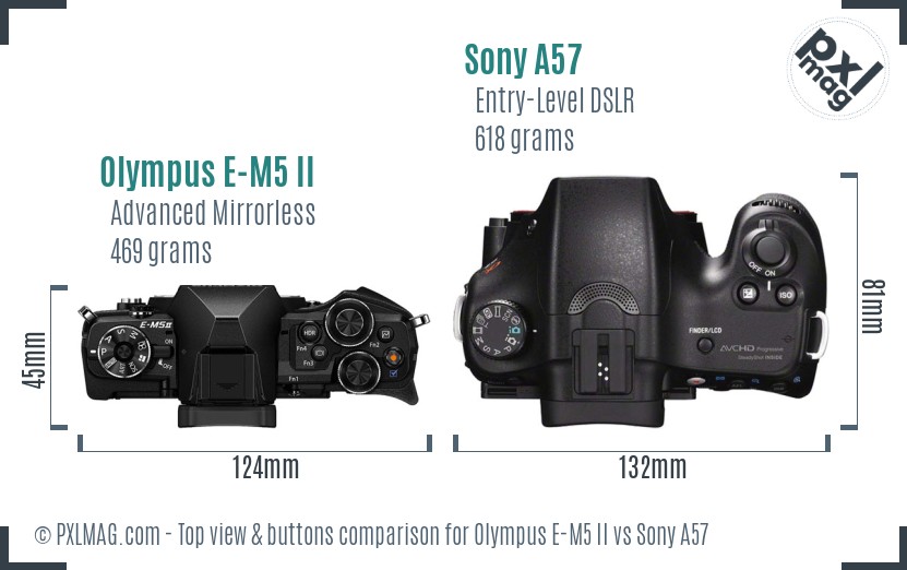 Olympus E-M5 II vs Sony A57 top view buttons comparison